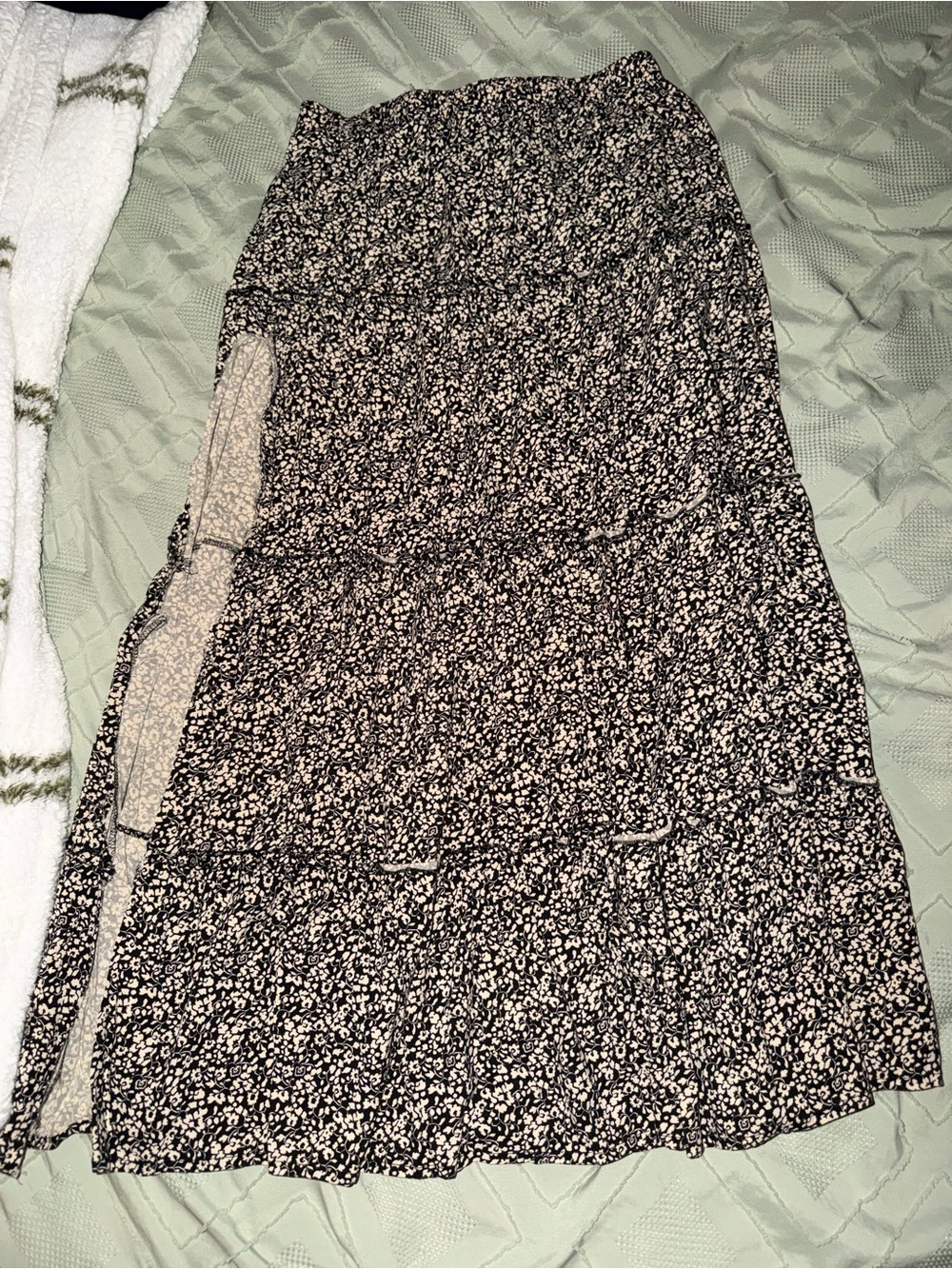 Black and Cream Floral Tiered Maxi Skirt